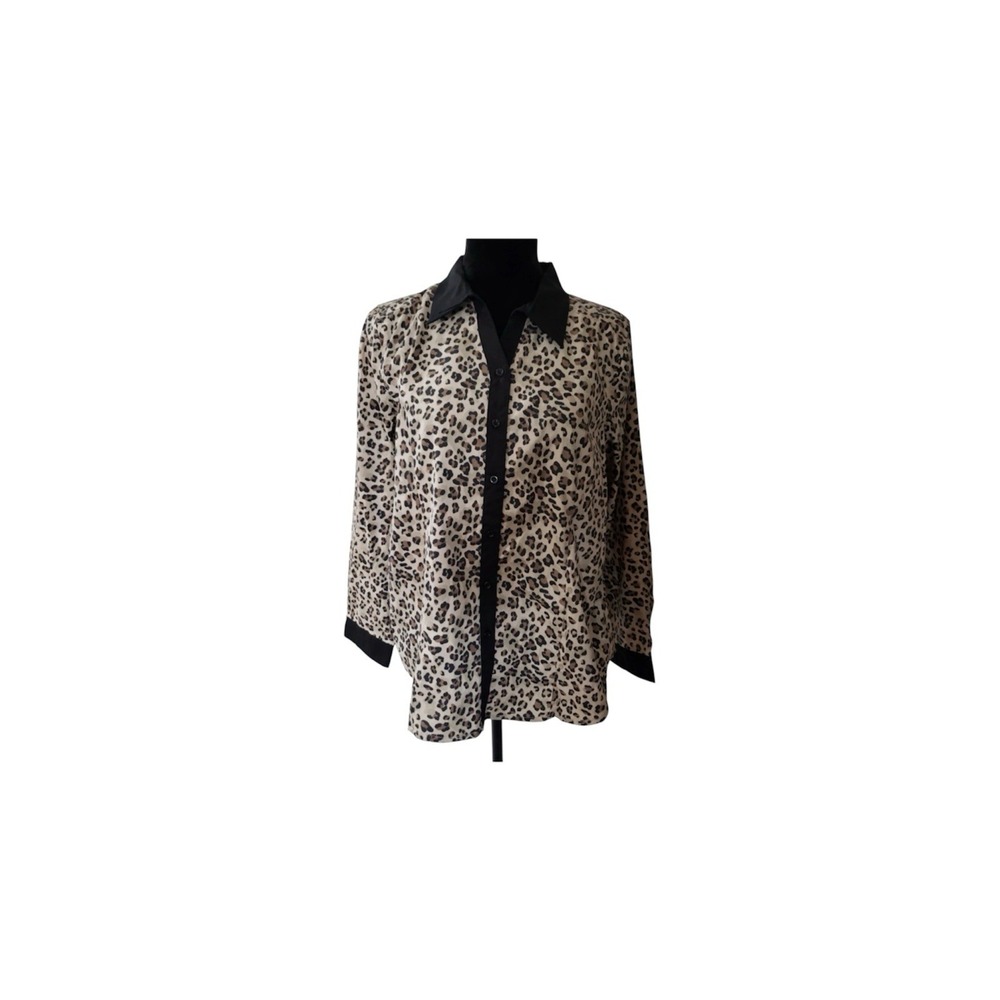 Rebecca Malone Womens Leopard Print Stretch Button Down Blouse Size Petite L